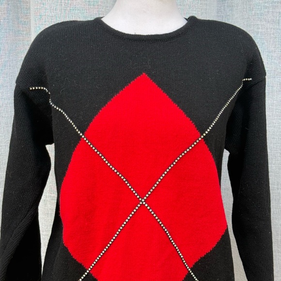 Saks Fifth Avenue 1990s black red diamond rhinestones lambs wool sweater - Picture 3 of 7
